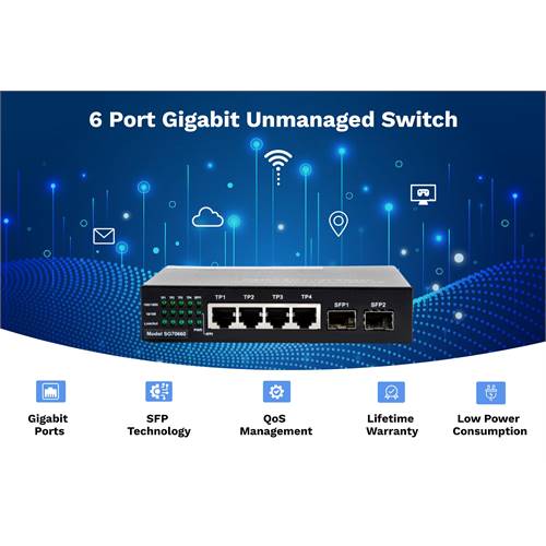 6-Port Unmanaged Switch | 4-RJ45 Ethernet Ports, 2-SFP Fiber Ports