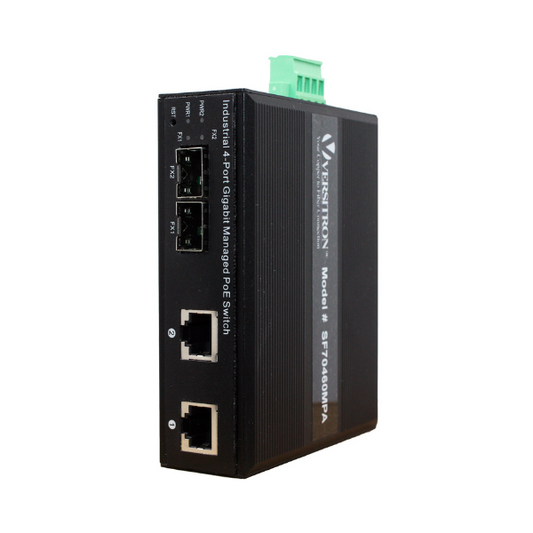 4-Port Managed Industrial PoE+ Switch | 2-RJ45 Ethernet Ports, 2-SFP Fiber Ports