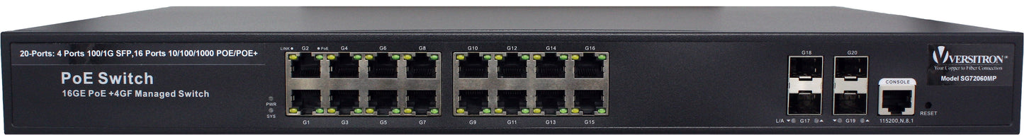 20-Port Managed PoE+ Switch | 16-RJ45 Ethernet Ports, 4-SFP Fiber Ports