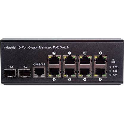 10-Port Managed Industrial PoE+ Switch | 8-RJ45 Ethernet Ports, 2-SFP Fiber Ports