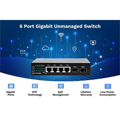 6-Port Unmanaged Switch | 4-RJ45 Ethernet Ports, 2-SFP Fiber Ports