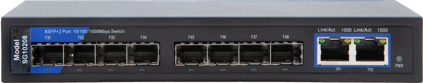 10-Port Unmanaged Switch | 2-RJ45 Ethernet Ports, 8-SFP Fiber Ports